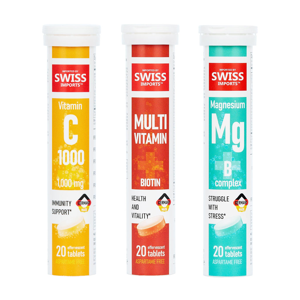 Swiss Imports Effervescent Variety Pack – Vitamin C 1000mg, Magnesium, B Complex, Biotin | 6-Pack, 120 Tablets