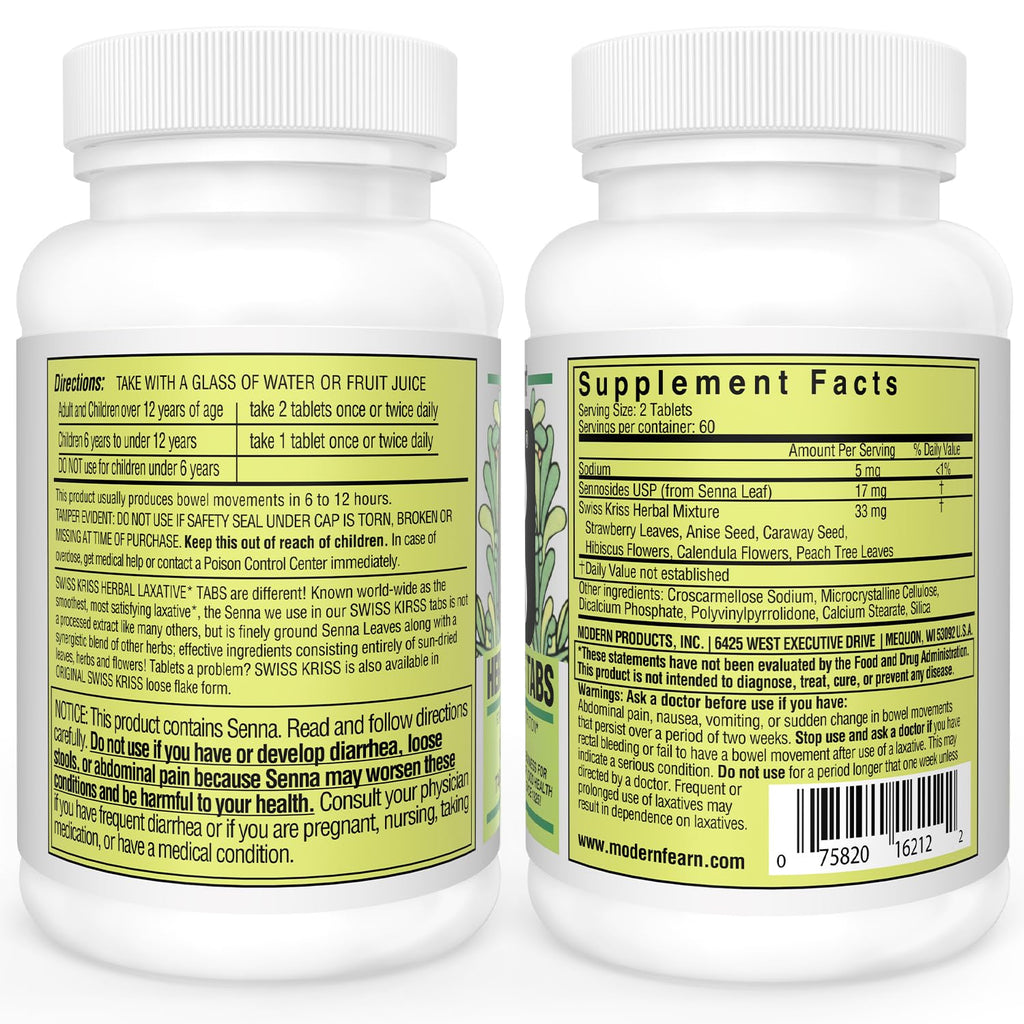Swiss Kriss Herbal Laxatives Tablets – Gentle, Natural Relief for Adults & Kids 6+ | 120 Tablets