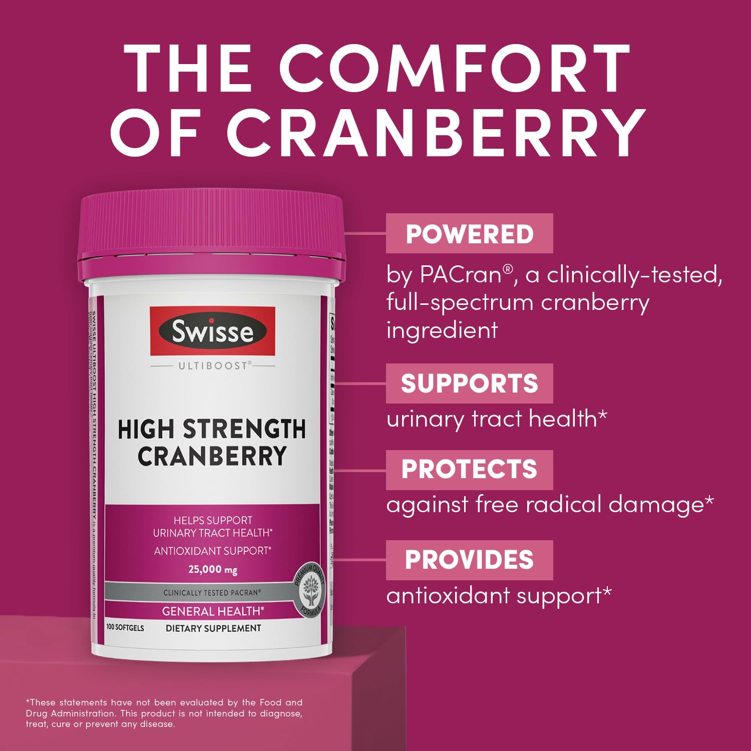 Swisse Cranberry Pills for Women & Men | PACran Cranberry Extract Supplement 25000mg | Urinary Tract Health Support for UTI * | Bladder & Kidney Support * | 100 Softgel Capsules