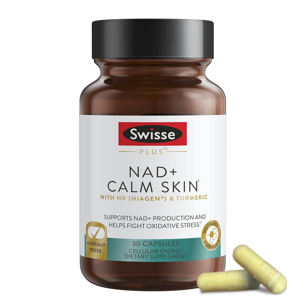 Swisse Plus NAD+ Calm Skin | Clinically Tested NAD+ Supplement | Supports Balanced, Healthy Skin | Anti-Aging Supplement for Women & Men | 30 Capsules