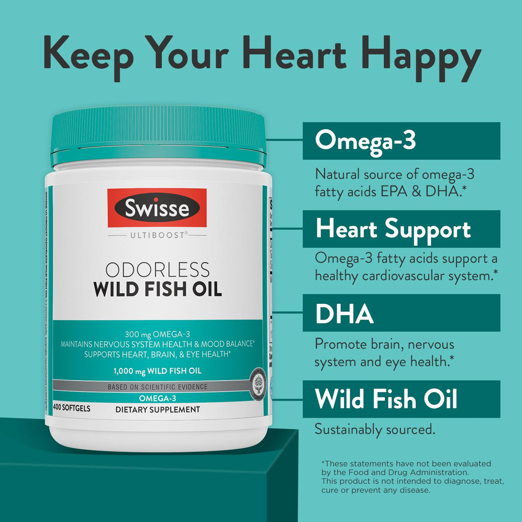 Swisse Wild Fish Oil 1000mg Odorless Softgels | Omega-3 EPA/DHA for Brain & Heart | 400 Softgels
