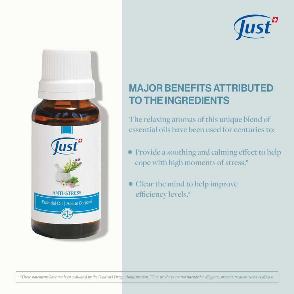 SwissJust Stress Relief Essential Oil 20ml – 15-Oil Anti-Stress Blend with Basil & Lavender