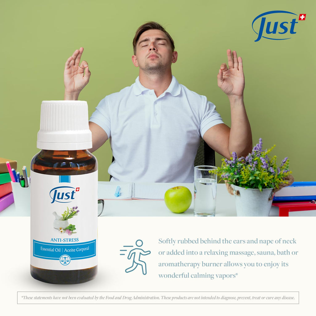 SwissJust Stress Relief Essential Oil 20ml – 15-Oil Anti-Stress Blend with Basil & Lavender