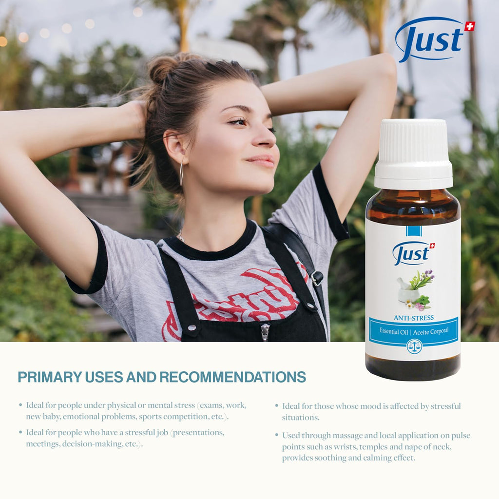 SwissJust Stress Relief Essential Oil 20ml – 15-Oil Anti-Stress Blend with Basil & Lavender