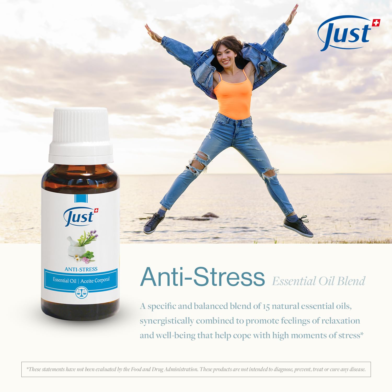 SwissJust Stress Relief Essential Oil 20ml – 15-Oil Anti-Stress Blend with Basil & Lavender