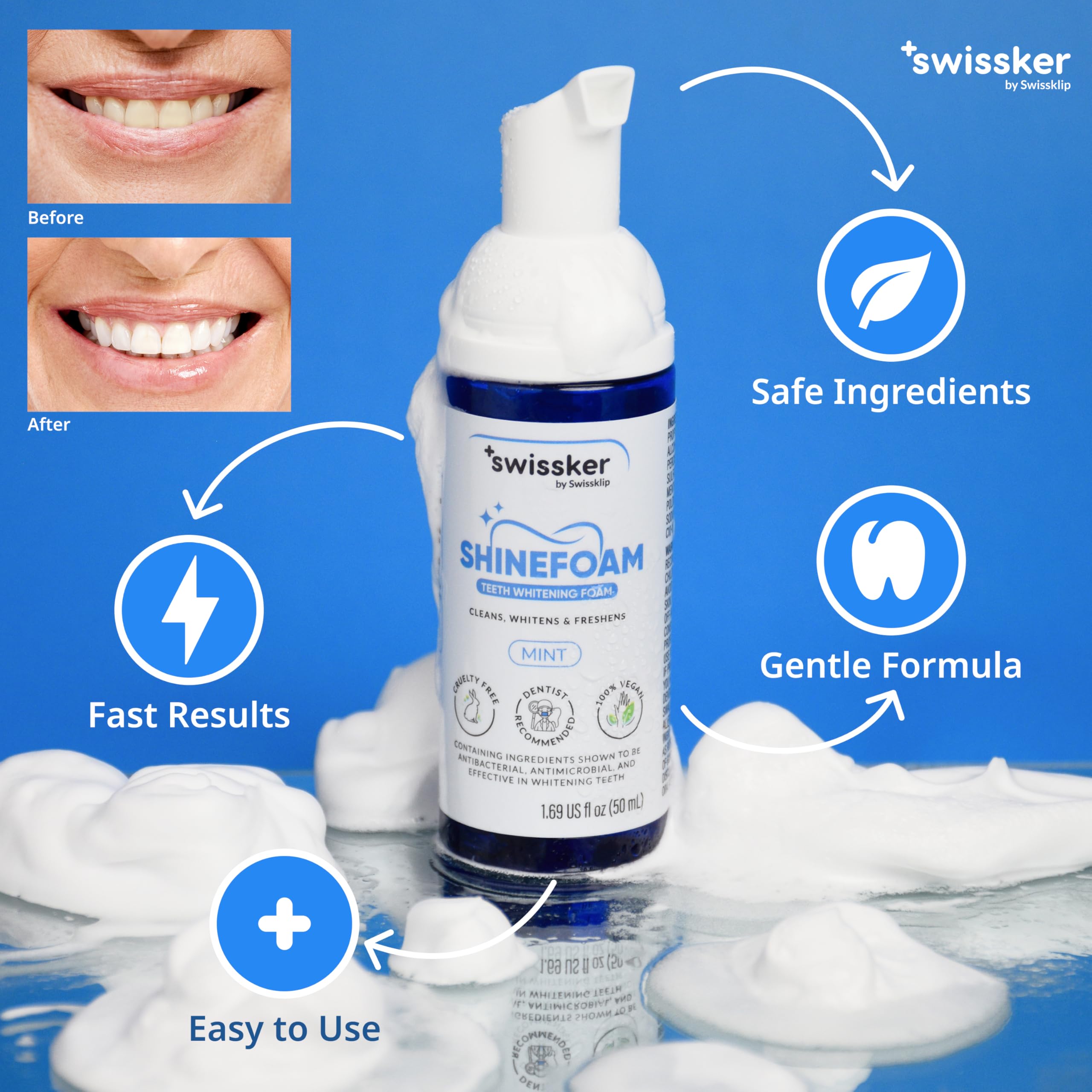 Swissklip ShineFoam – Mint Teeth Whitening Foam 1.69 oz – Made in USA – 100% Vegan