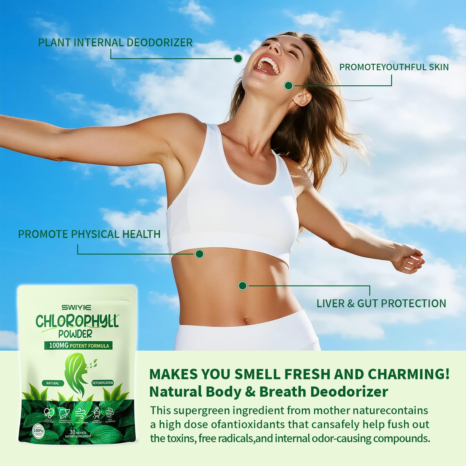Swiyie Chlorophyll Powder – 100mg for Drinking (10g x 30 Packets) – Detox & Gut Support