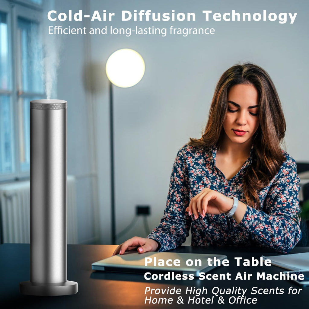 Hotel Scent Diffuser Machine - Cordless Rechargeable Diffuser for Large Rooms | Bluetooth App Control - Silver