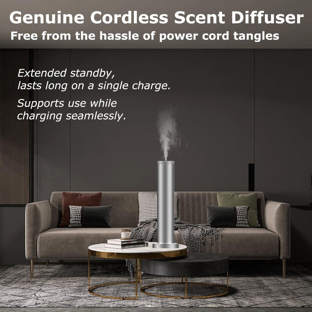 Hotel Scent Diffuser Machine - Cordless Rechargeable Diffuser for Large Rooms | Bluetooth App Control - Silver