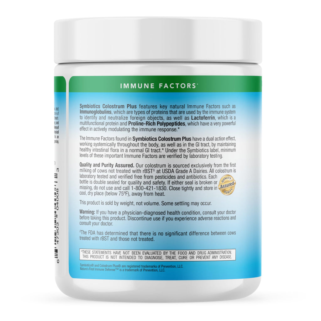 Symbiotics Colostrum Plus Powder 6.3 oz – Immune Support, 25% IgG, Gluten Free