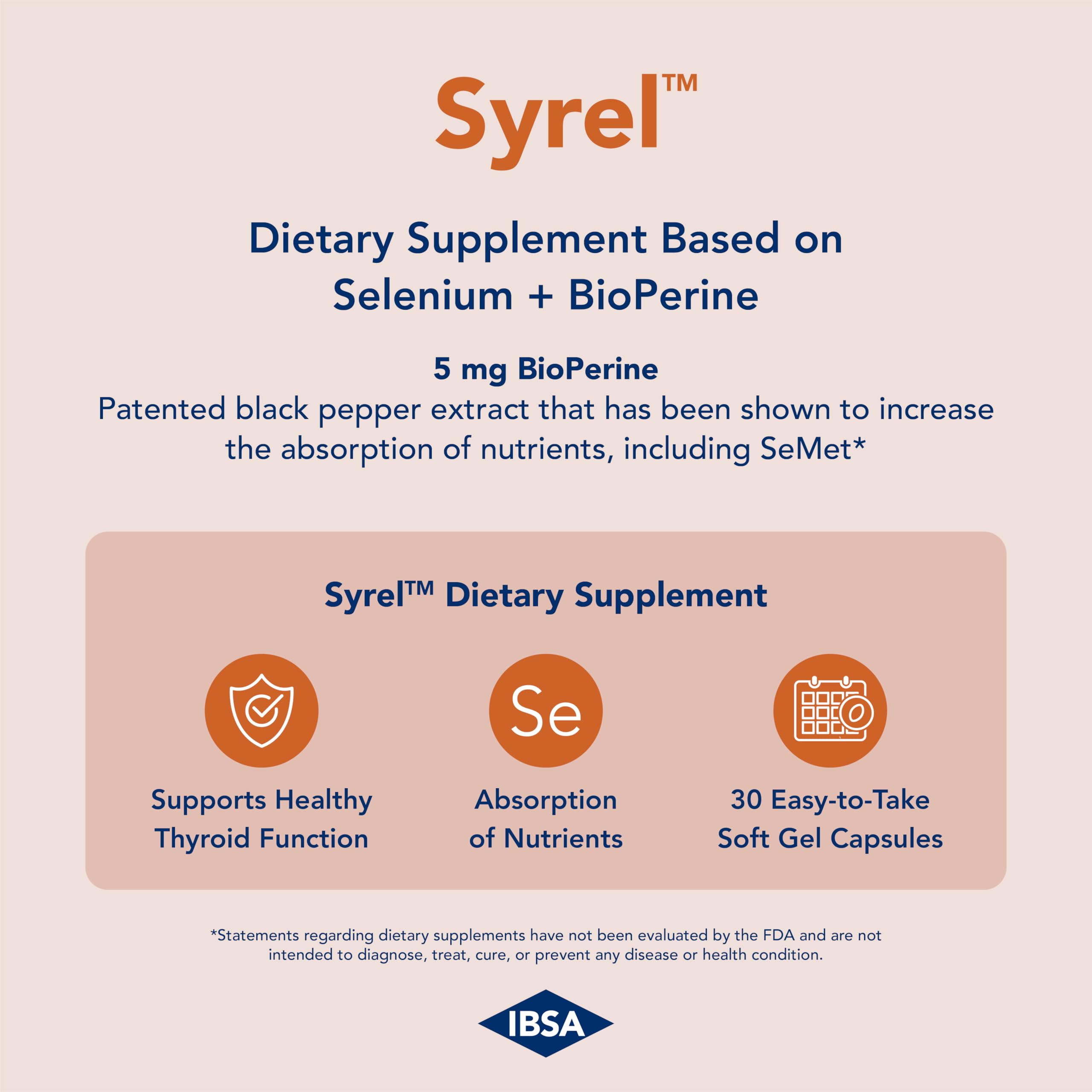 Syrel Thyroid Support Supplement – 100 mcg Selenium, 5 mg BioPerine | 30 Soft Gel Capsules