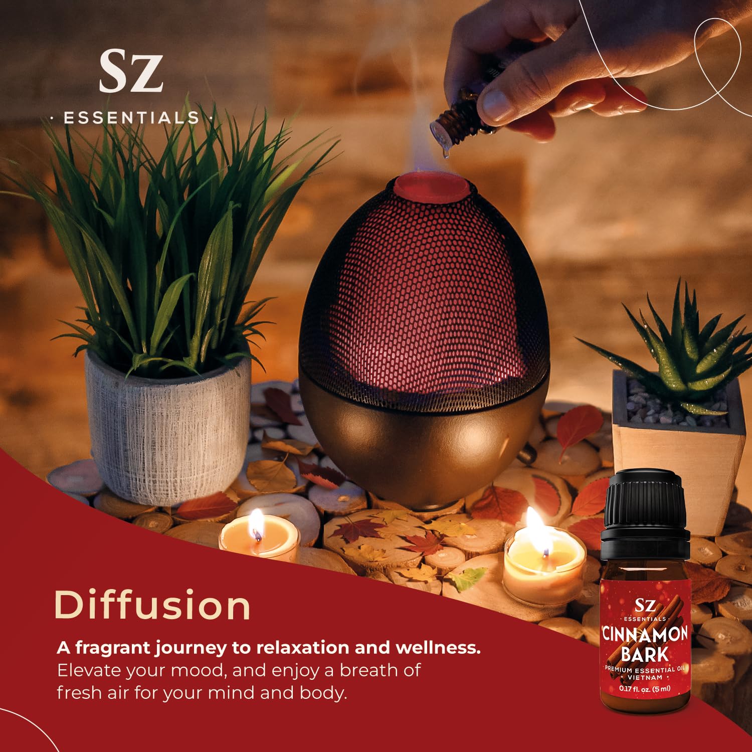 Sz Essentials Cinnamon Bark Essential Oil – 100% Pure & Undiluted (5mL) – Vietnamese Cinnamon, Therapeutic Grade for Aromatherapy