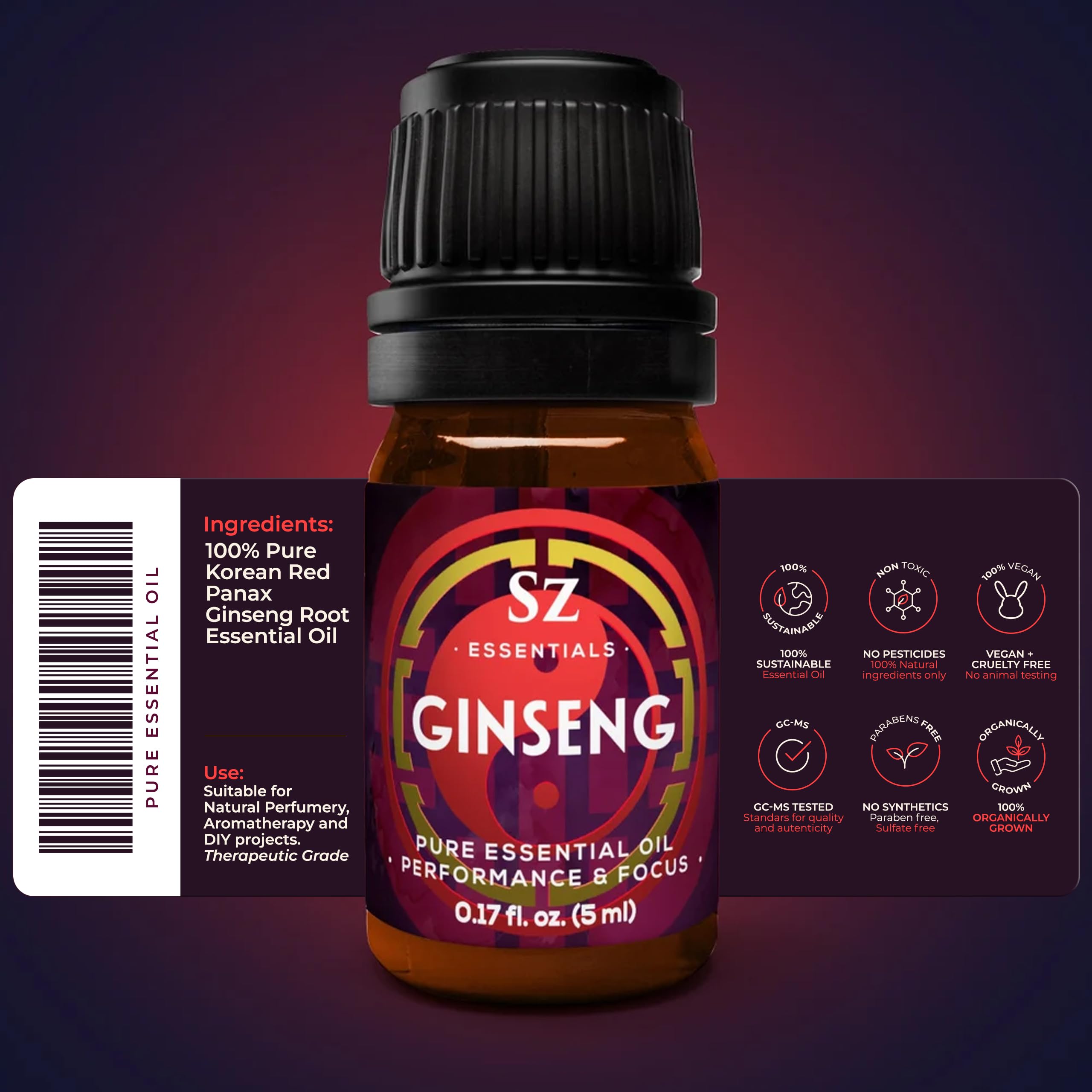 SZ Essentials Ginseng Essential Oil - 100% Pure Korean Red Panax (5ml) | Therapeutic Grade & Vegan