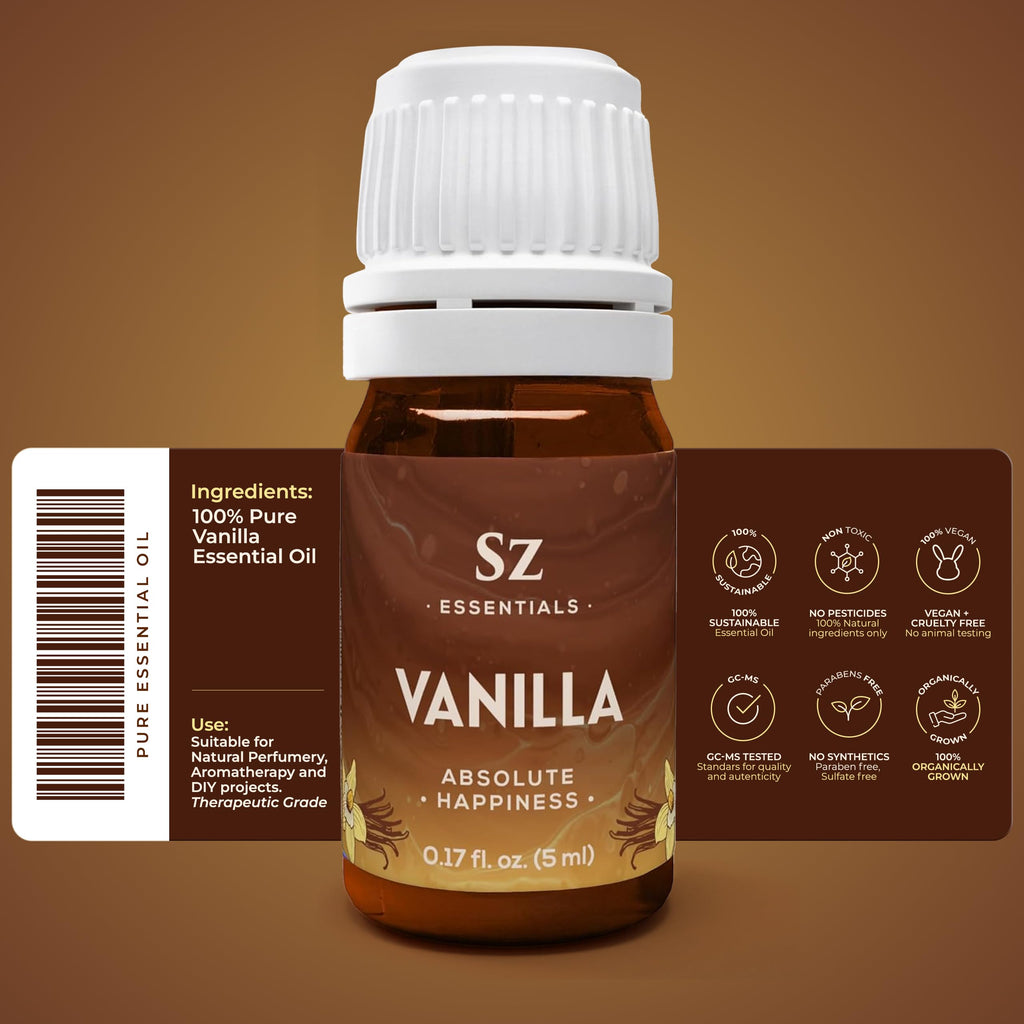 Sz Essentials Vanilla Essential Oil – 100% Pure, Undiluted, Therapeutic Grade (5ml)