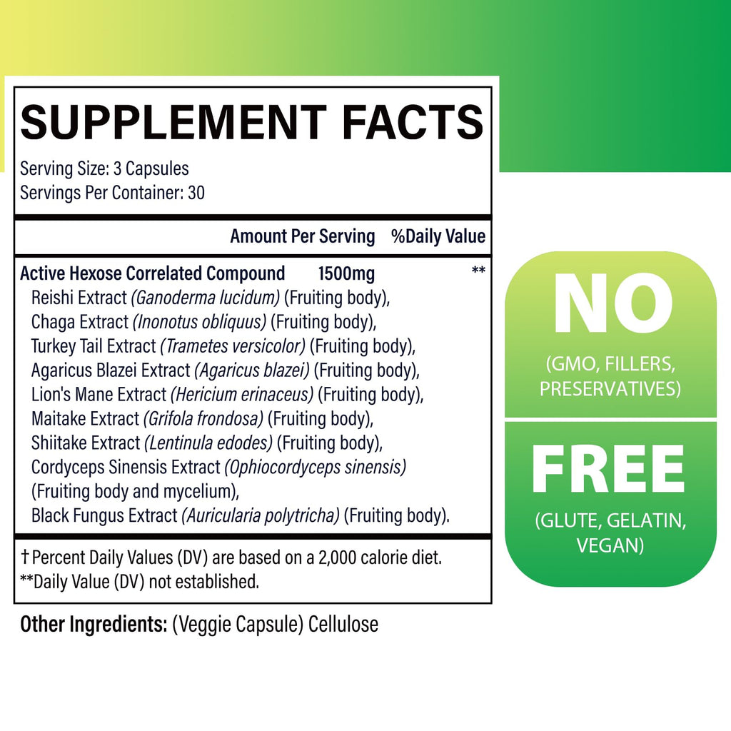 SZCZEKIN AHCC 1500 mg — 8 Mushroom Extract Immune Support Supplement | 720 Veggie Capsules