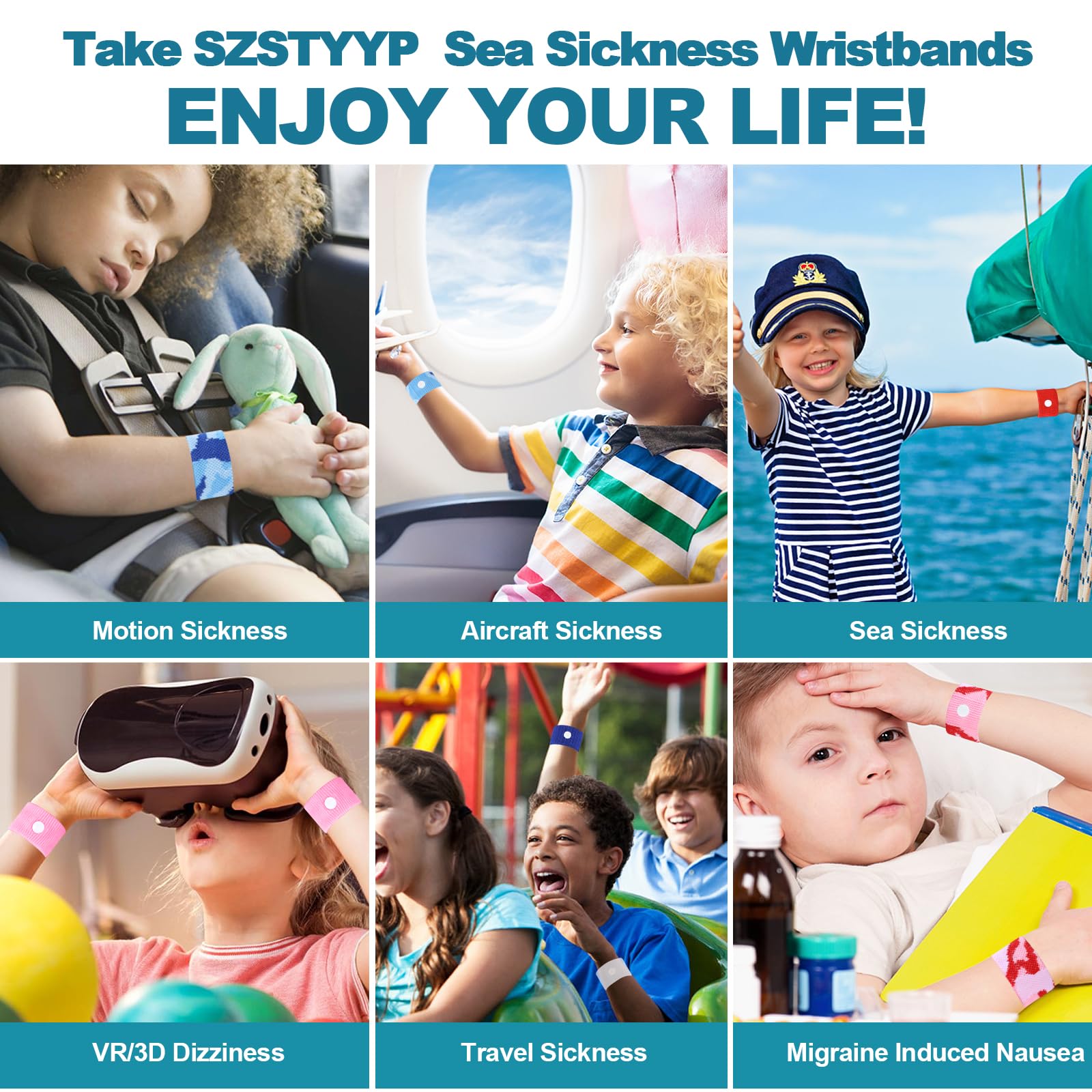 SZSTYYP Motion Sickness Bands for Kids – Non-Drug Travel Wristbands (Camo Blue/Purple)