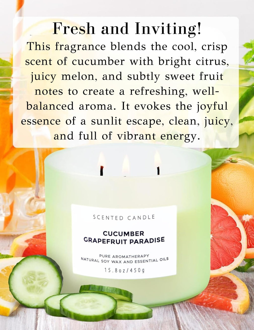 T&H Cucumber Grapefruit Paradise 3-Wick Soy Candle | 15.8 oz Fresh Citrus Aromatherapy