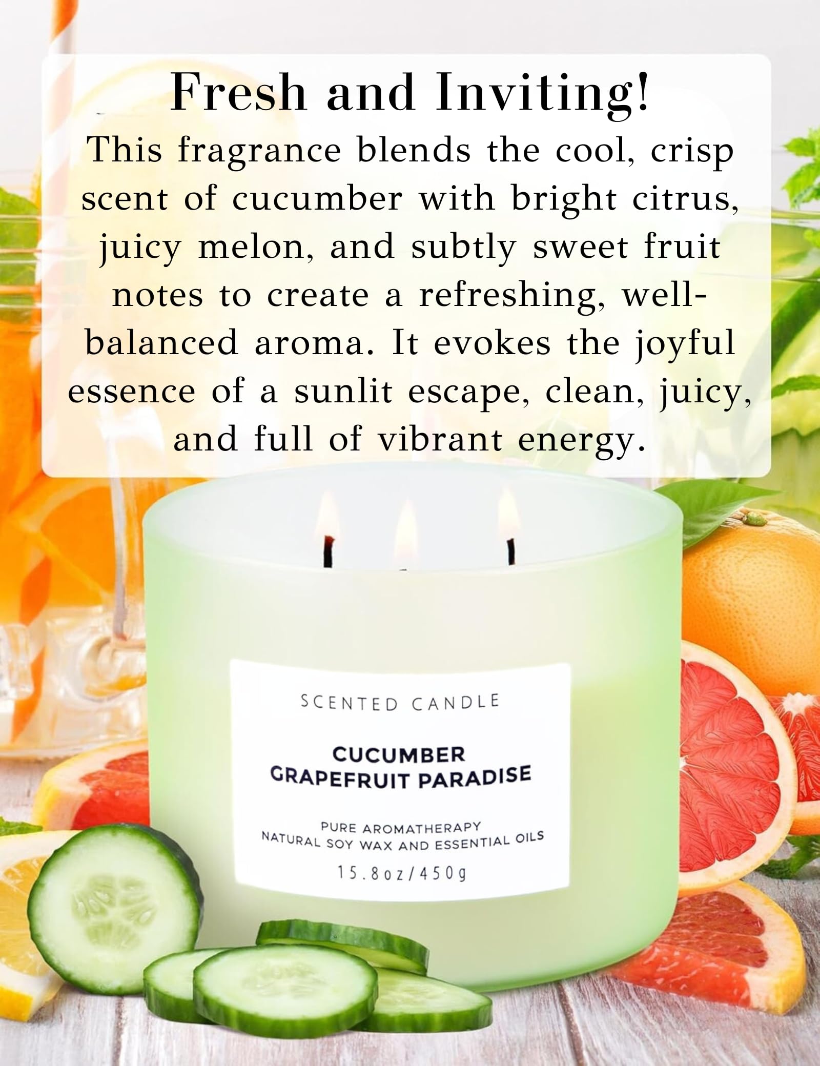 T&H Cucumber Grapefruit Paradise 3-Wick Soy Candle | 15.8 oz Fresh Citrus Aromatherapy