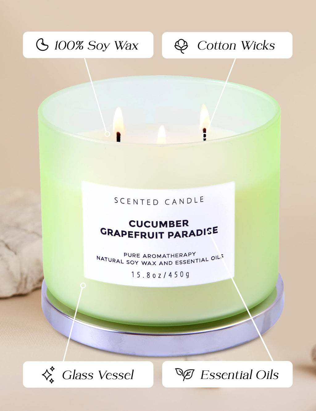 T&H Cucumber Grapefruit Paradise 3-Wick Soy Candle | 15.8 oz Fresh Citrus Aromatherapy