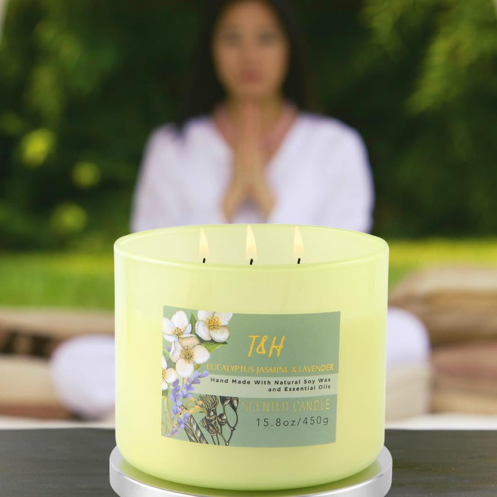 T&H Eucalyptus Jasmine Lavender 3-Wick Soy Candle 15.8 oz | Long-Lasting Clean Burn