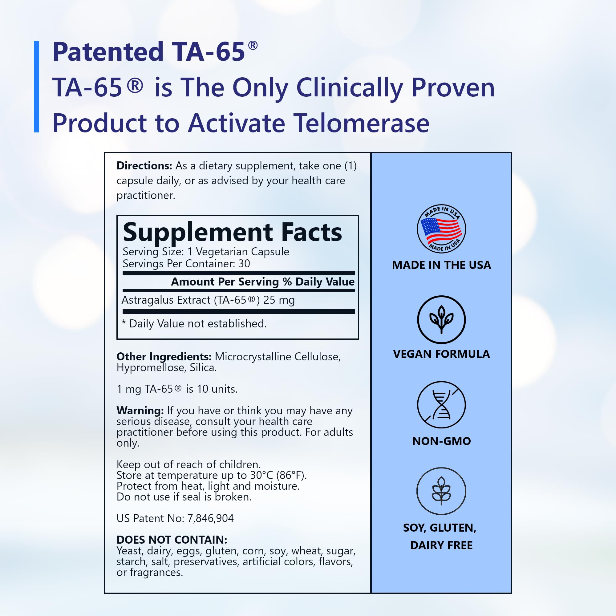 T.A. Sciences TA-65 Telomere Activation Supplement, 2.5x Potency Telomerase, 30 Capsules