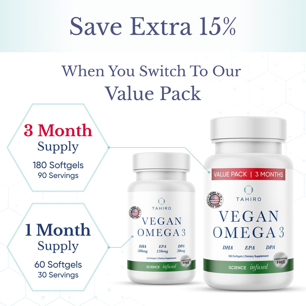 TAHIRO Vegan Omega-3 Softgels – 1000mg Plant-Based DHA, EPA & DPA | Brain Health, Prenatal & Joint Support