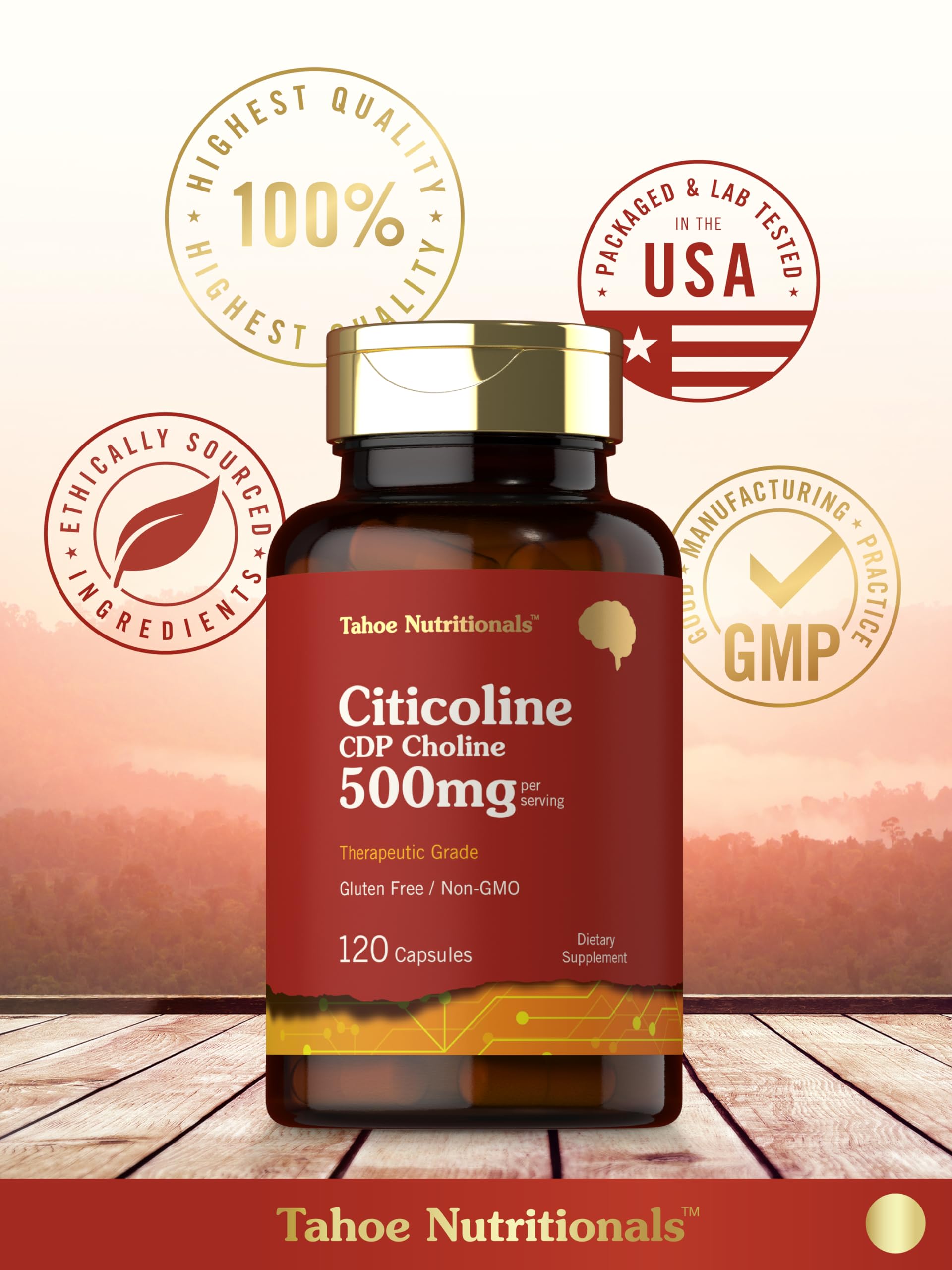 Tahoe Nutritionals Citicoline 500mg | 120 Capsules | CDP Choline Supplements | Therapeutic Grade | Gluten Free, Non-GMO