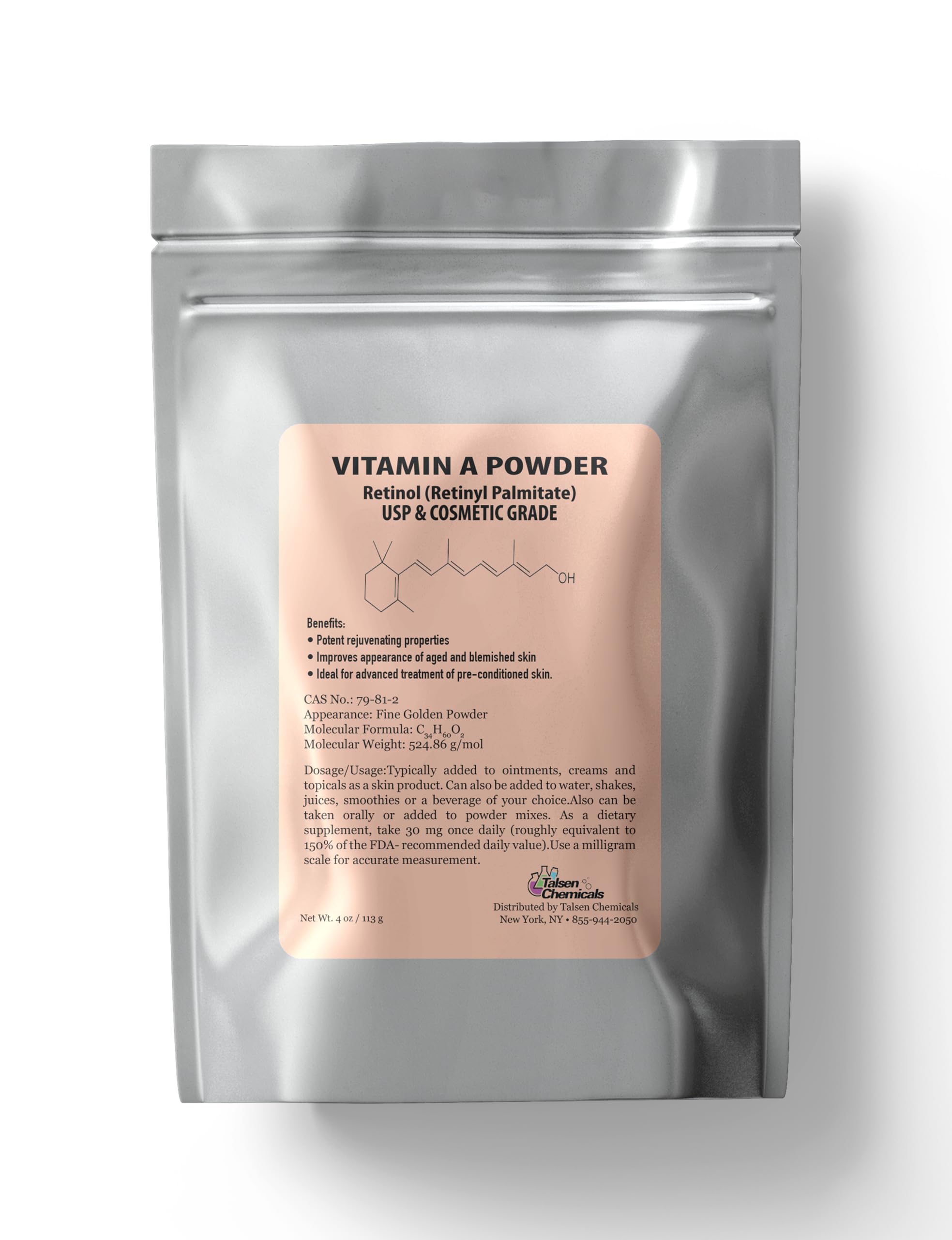 Talsen Chemicals Vitamin A Powder – Retinyl Palmitate & Retinol (USP & Cosmetic Grade) 4 oz