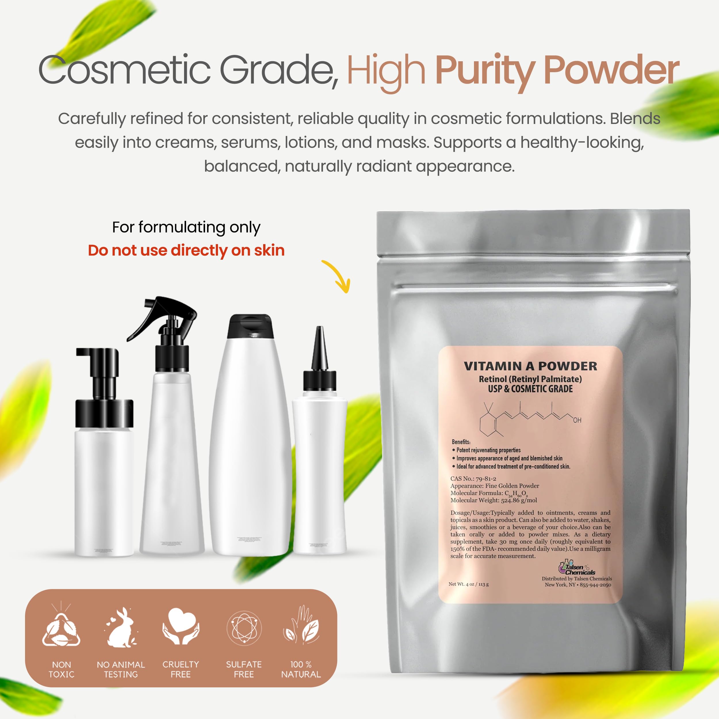 Talsen Chemicals Vitamin A Powder – Retinyl Palmitate & Retinol (USP & Cosmetic Grade) 4 oz