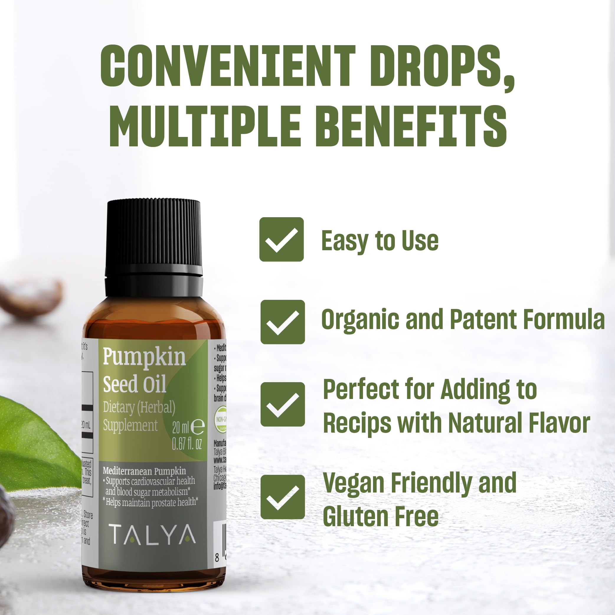 TALYA Pumpkin Seed Oil Drops – Cold-Pressed 0.67 oz | Prostate Support, Hair & Skin Health | Vegan