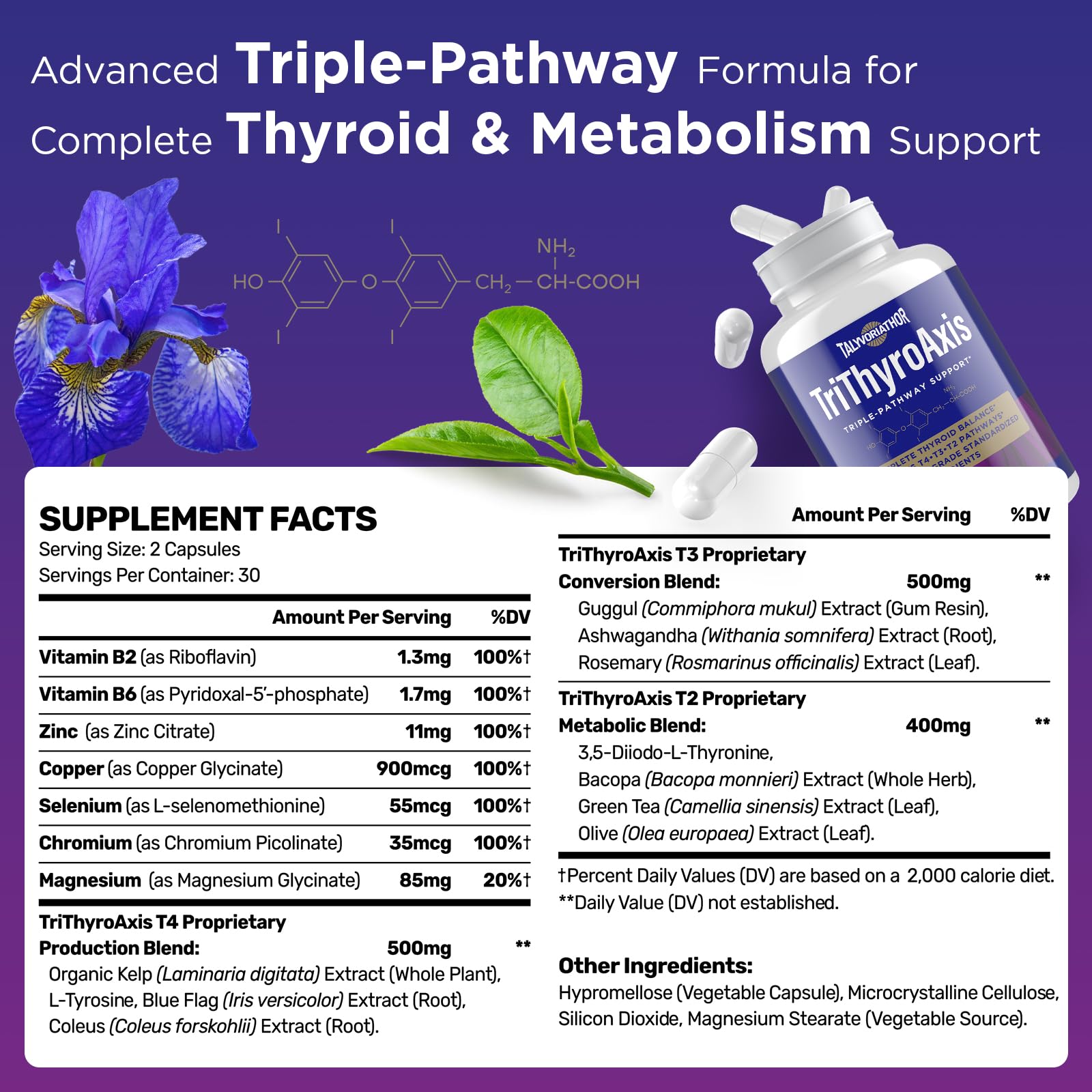 TriThyroAxis Thyroid Support Supplement by Talyvoriathor – Triple-Pathway Formula for Energy & Metabolism – 60 Capsules (2 Bottles)