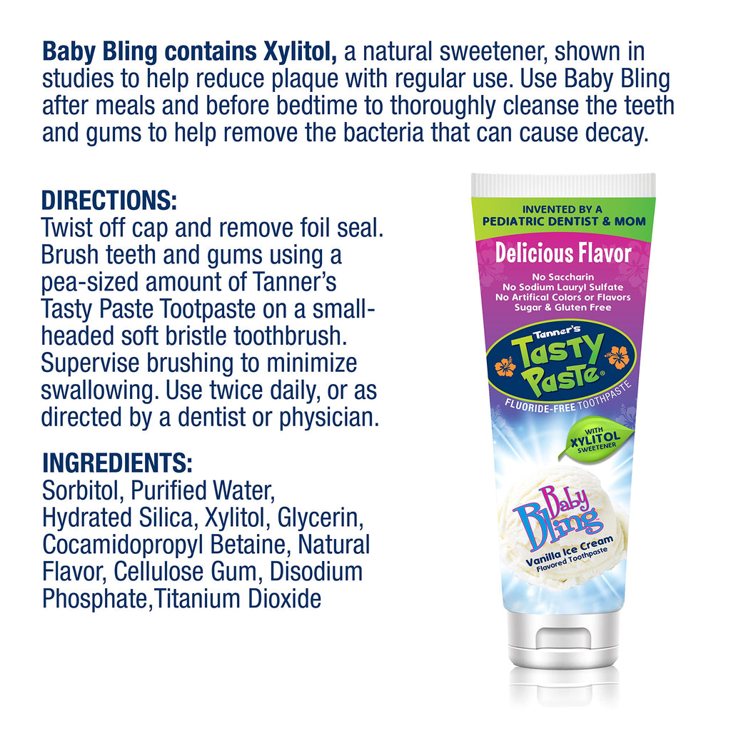 Tanner's Tasty Paste Baby Bling - Fluoride-Free Vanilla Toothpaste for Kids (4.2 oz)