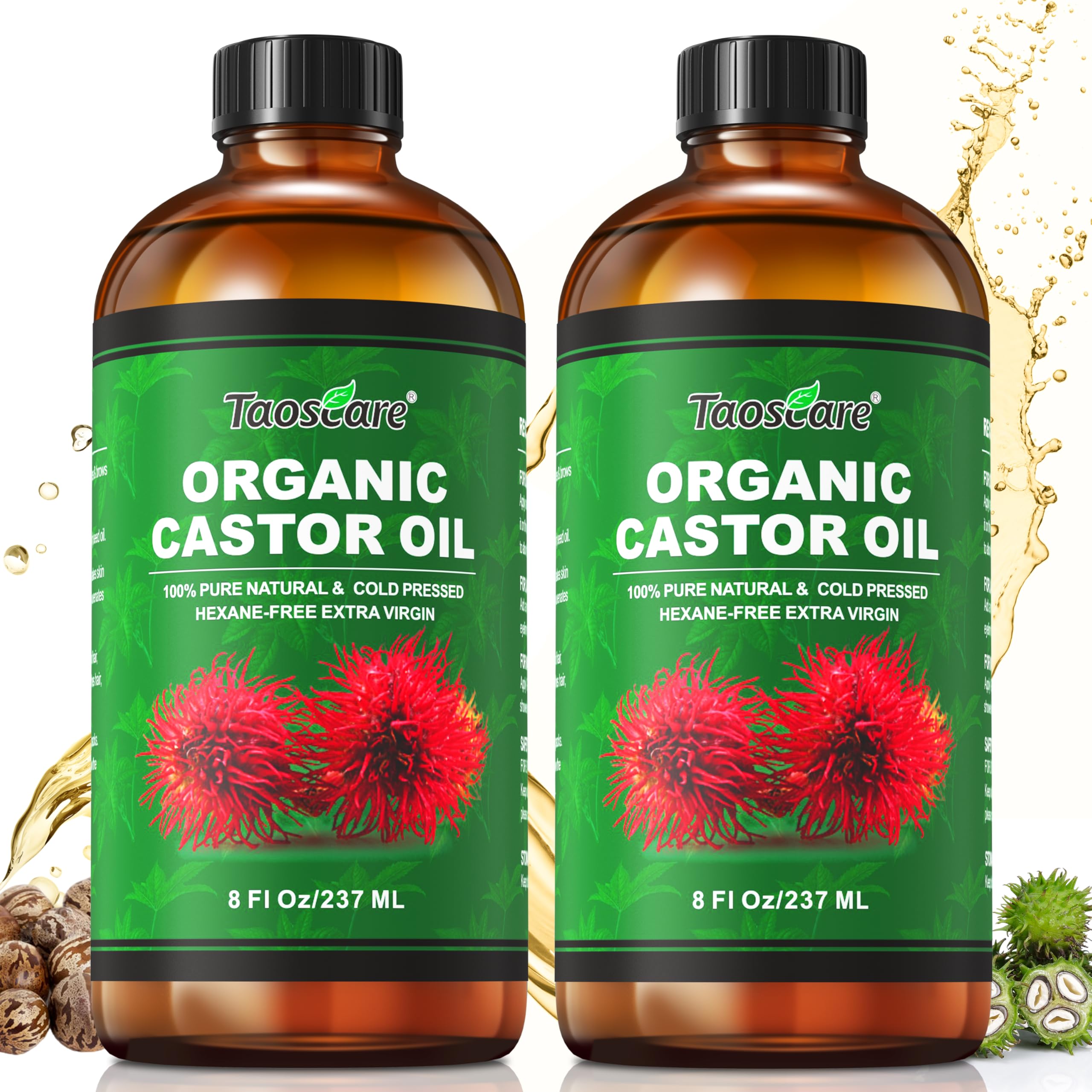 Taoscare 2 Pack Castor Oil – Organic Cold-Pressed, Unrefined with Pumps | 8 FL OZ x 2 for Hair, Skin, Lashes & Brows