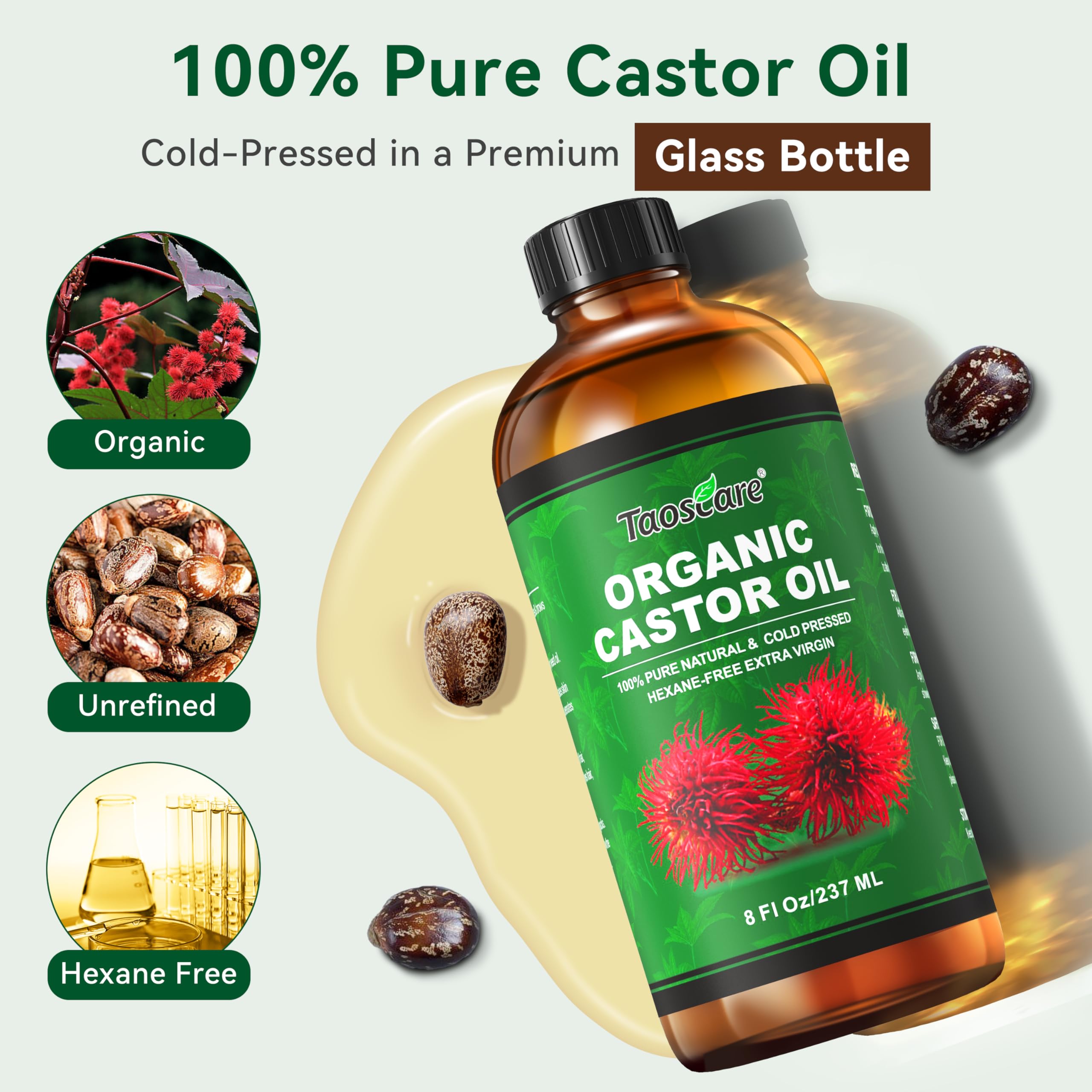 Taoscare 2 Pack Castor Oil – Organic Cold-Pressed, Unrefined with Pumps | 8 FL OZ x 2 for Hair, Skin, Lashes & Brows