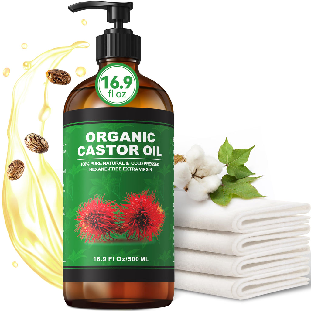 Taoscare Organic Castor Oil 16.9 oz – Cold Pressed, Unrefined in Glass Bottle | 4-Pack Castor Oil Pack Wrap Kit