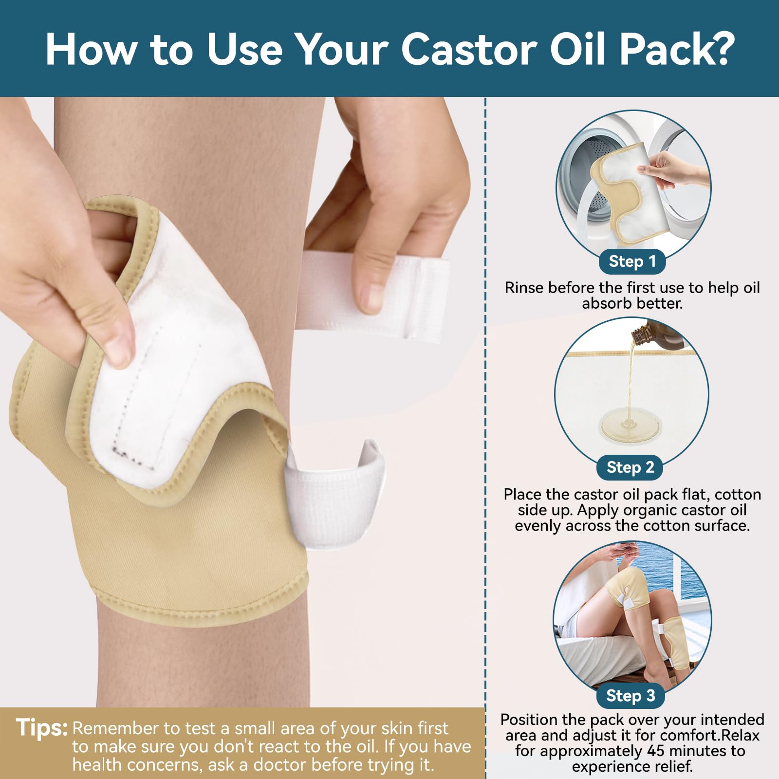 Taoscare 2 Pack Castor Oil Pack Wrap – Adjustable, Reusable Organic Cotton for Knee, Elbow & More