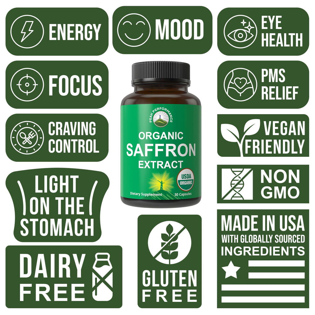 Saffron Supplements - USDA Organic Saffron Extract Capsules for Mood, Focus, and PMS | Vegan