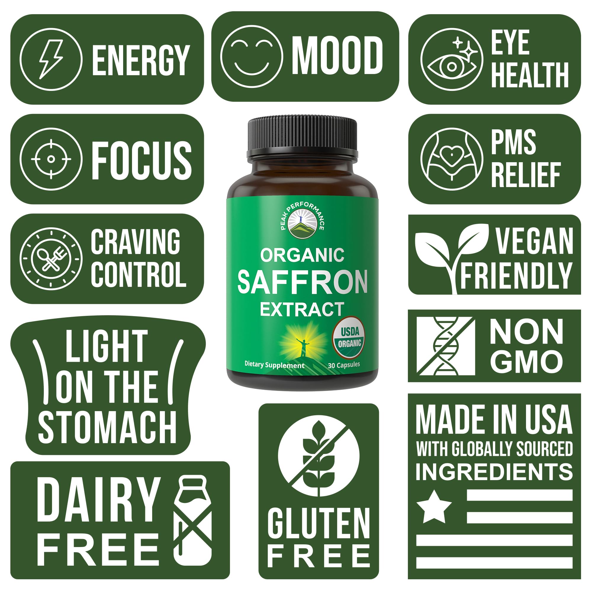 Saffron Supplements - USDA Organic Saffron Extract Capsules for Mood, Focus, and PMS | Vegan