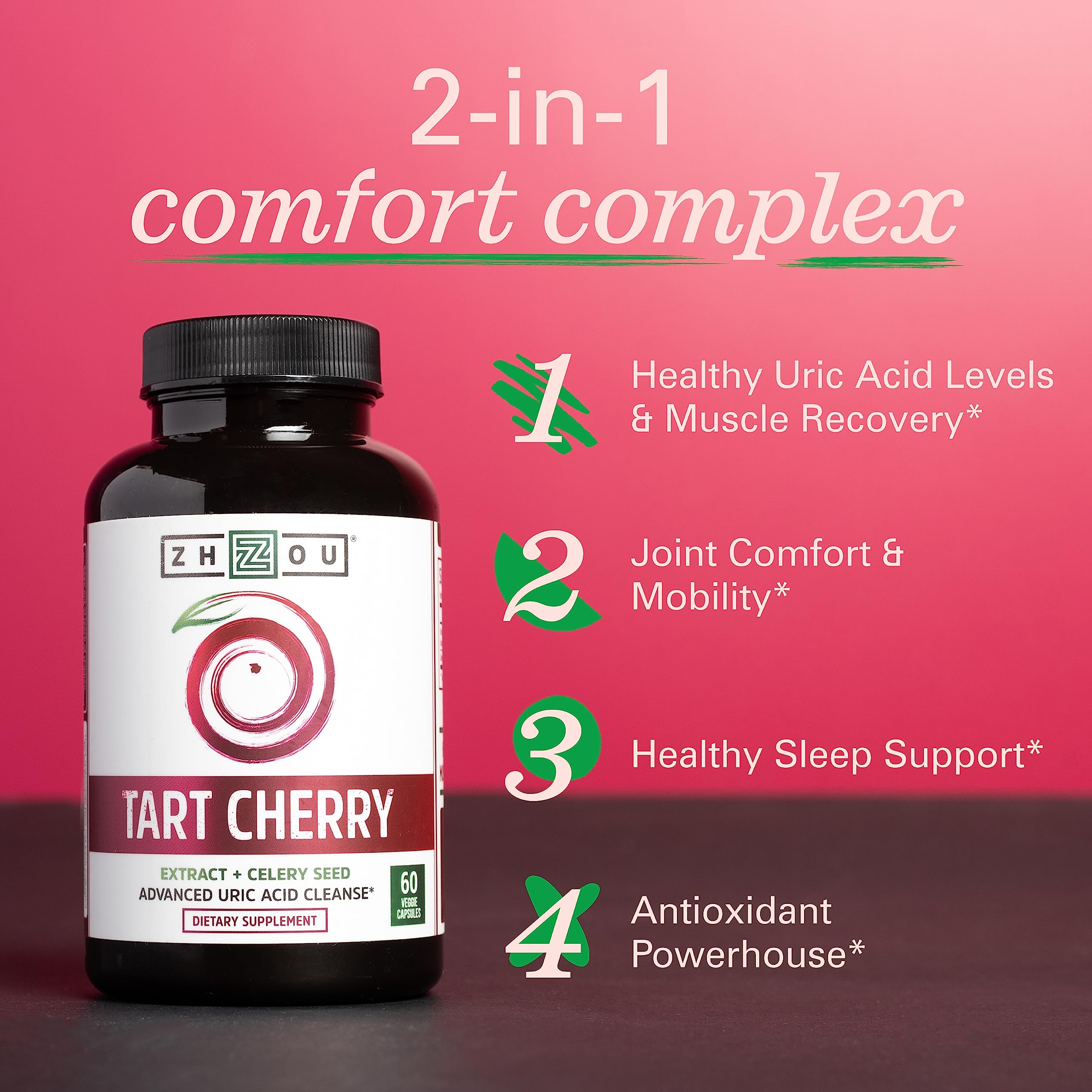 Zhou Tart Cherry + Celery Seed: 1000mg, Sleep & Joint Support | 60 Veggie Capsules