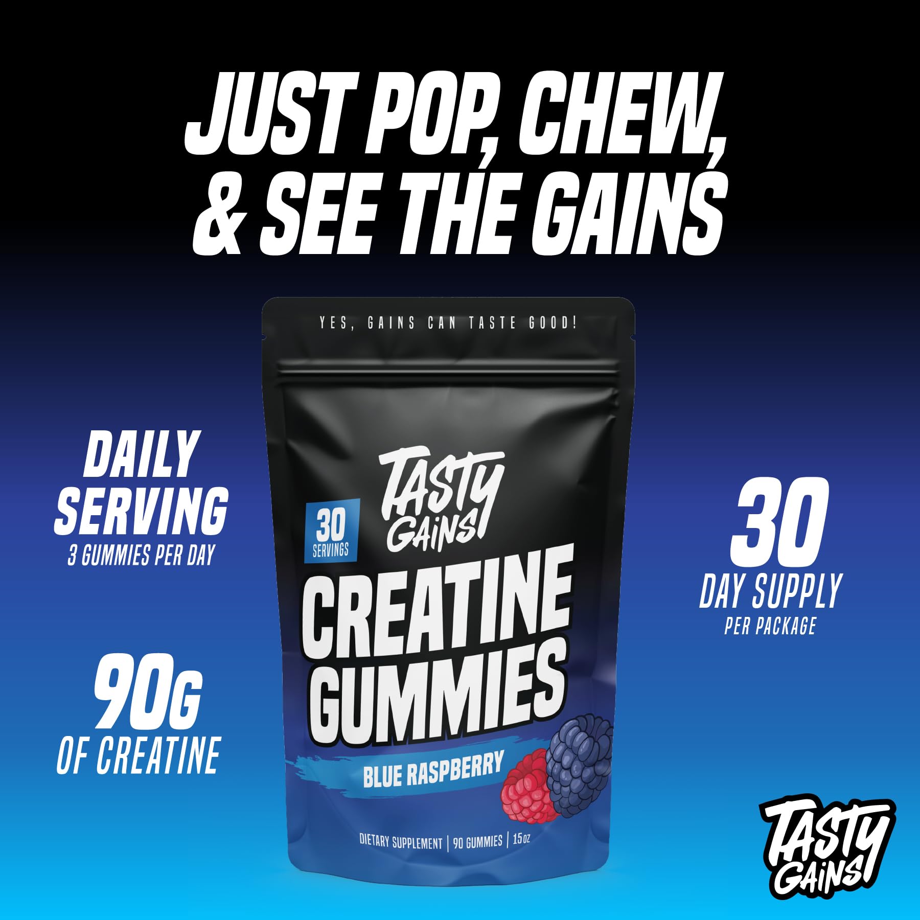 TASTY GAINS Creatine Gummies – 90g Creatine Monohydrate, Muscle Support, Vegan, Made in USA (Blue Raspberry)