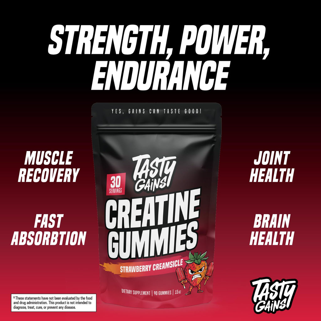 TASTY GAINS Creatine Gummies – 90g, 1g Monohydrate per Gummy, Made in USA