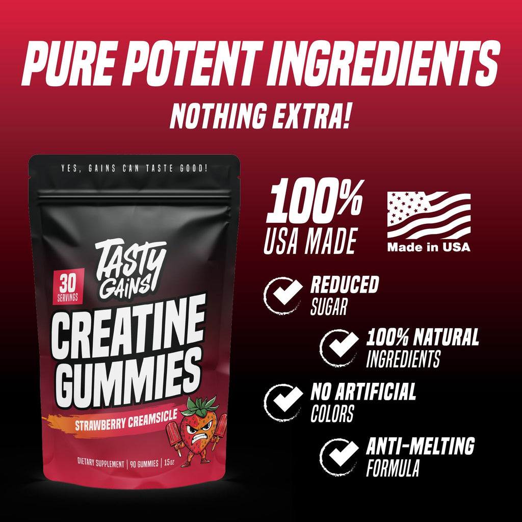 TASTY GAINS Creatine Gummies – 90g, 1g Monohydrate per Gummy, Made in USA
