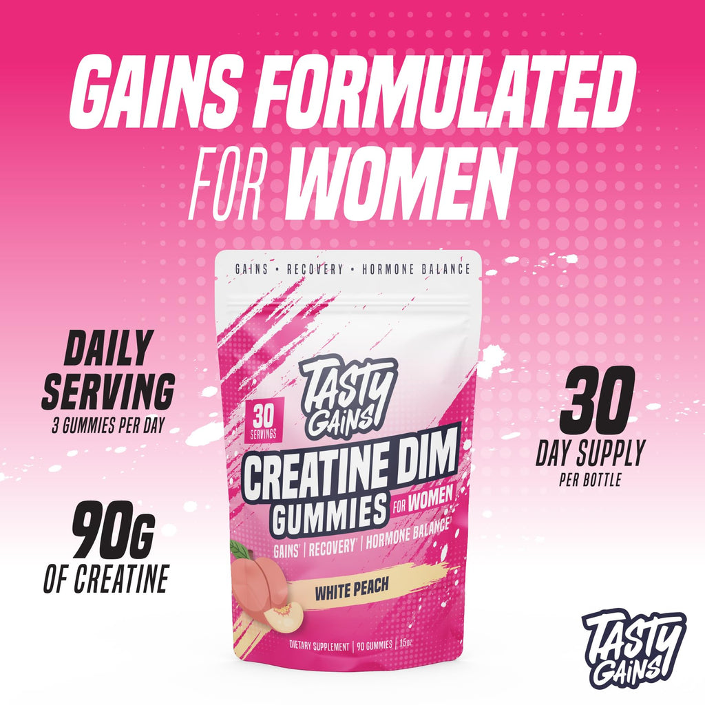 TASTY GAINS Creatine Gummies for Women | 3g Creatine Monohydrate per Serving | DIM 100 mg | Estrogen Balance | White Peach Flavor