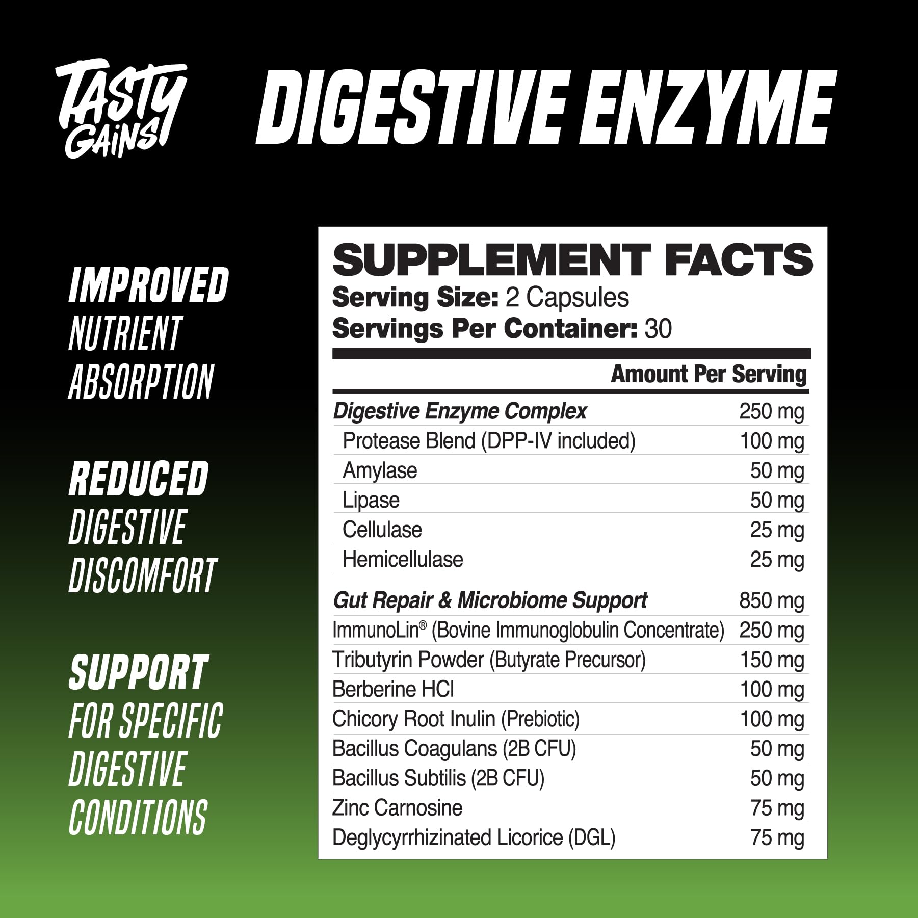 TASTY GAINS Digestive Enzymes – Gut Health & Bloating Relief (60 Capsules)