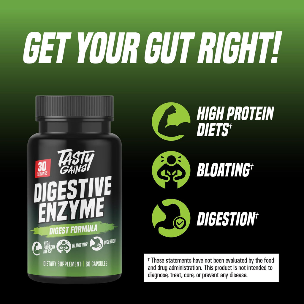TASTY GAINS Digestive Enzymes – Gut Health & Bloating Relief (60 Capsules)