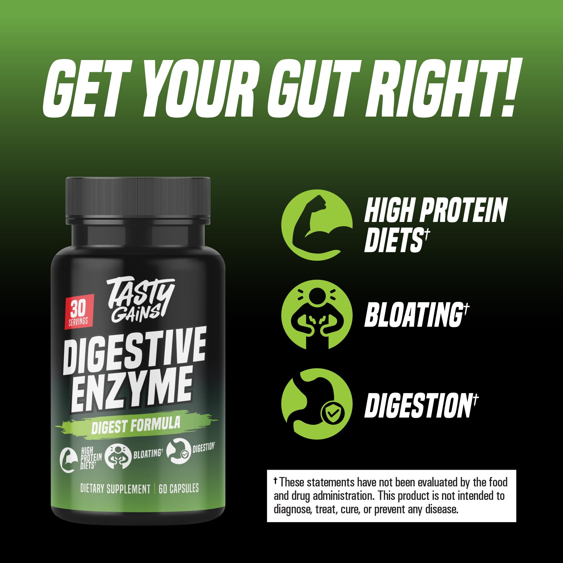 TASTY GAINS Digestive Enzymes – Gut Health & Bloating Relief (60 Capsules)