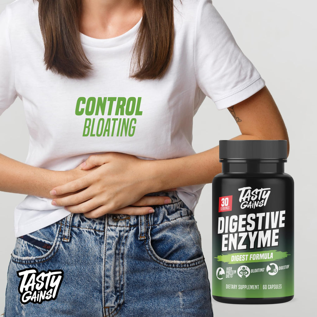 TASTY GAINS Digestive Enzymes – Gut Health & Bloating Relief (60 Capsules)