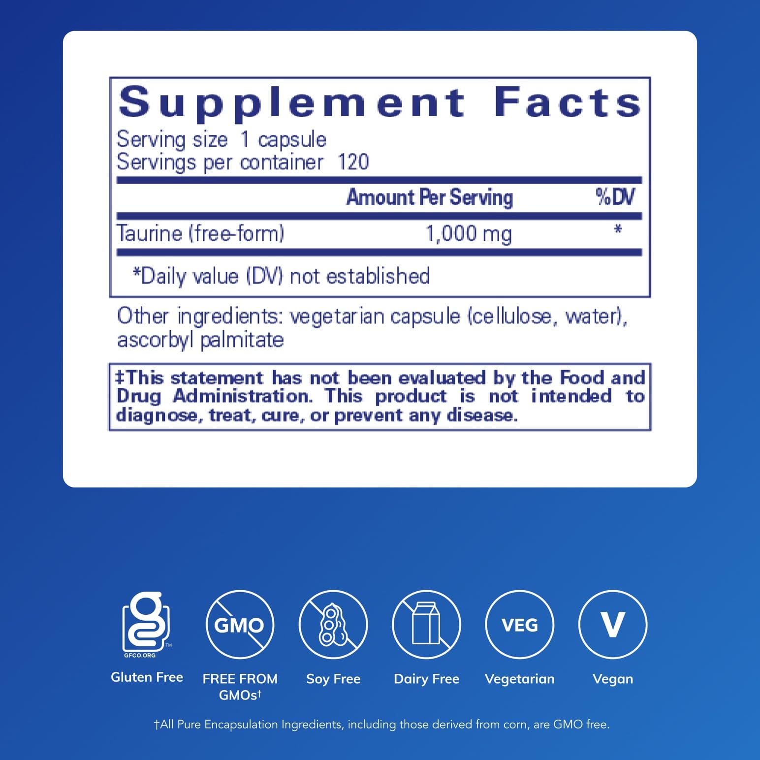 Pure Encapsulations Taurine 1,000 mg – Heart Health & Detox | Vegan & Gluten Free | 120 Capsules