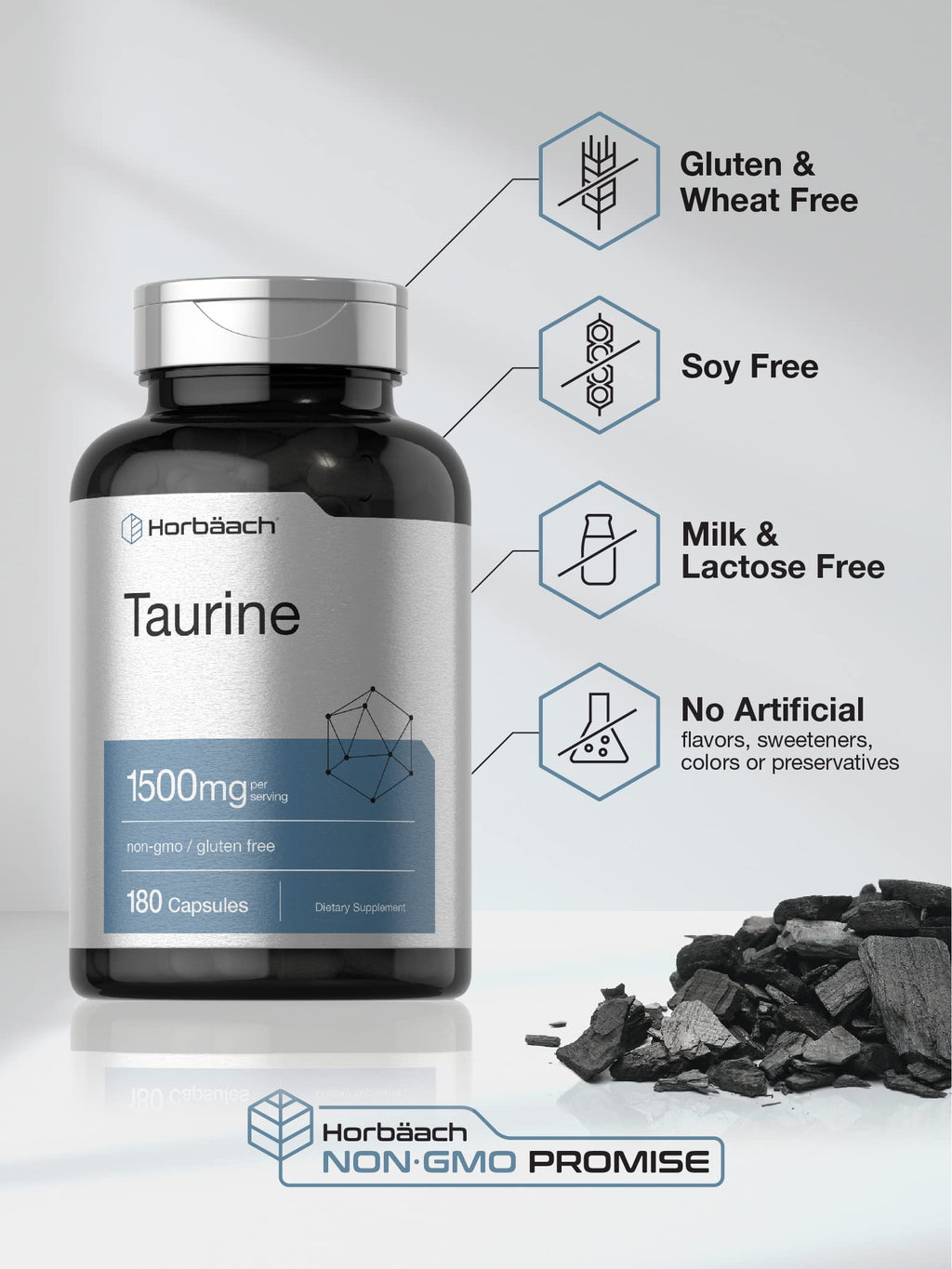 Horbäach Taurine Supplement 1500mg | 180 Capsules | Non-GMO & Gluten Free