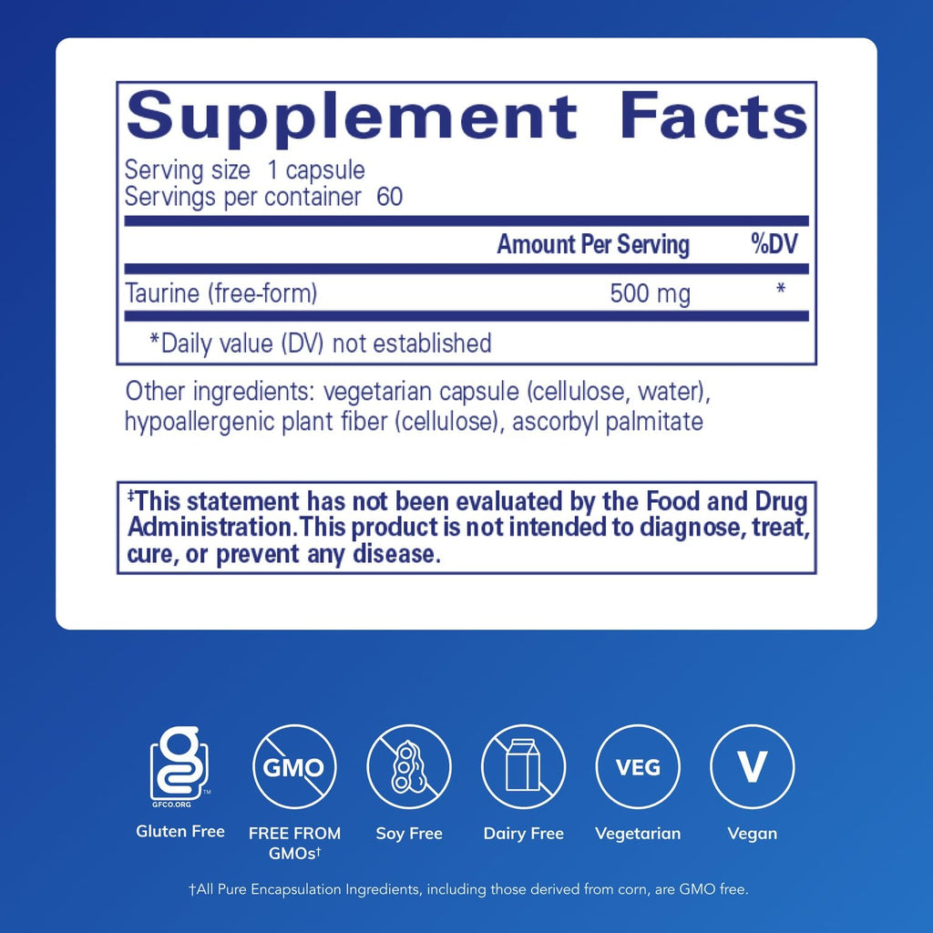 Pure Encapsulations Taurine 500 mg | Amino Acid Supplement for Heart, Brain & Eyes | 60 Capsules